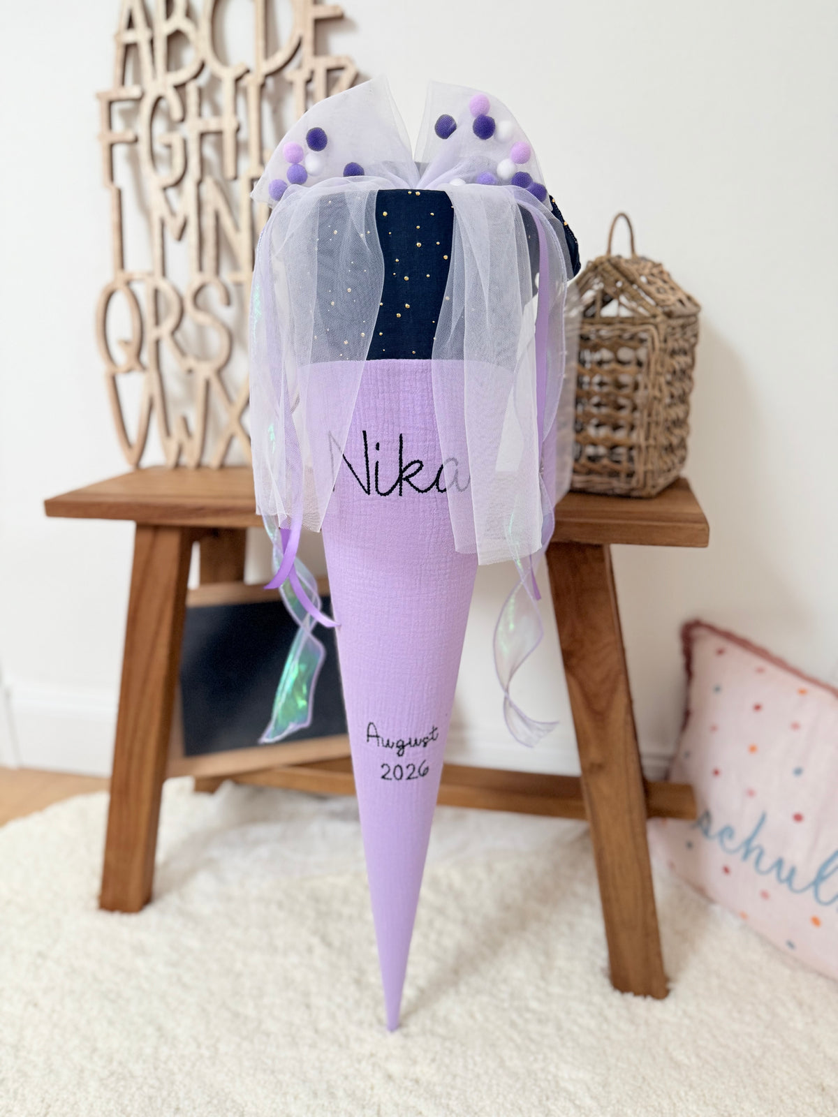 ✨ BESTSELLER ✨ Basic Musselin Schultüte 70 cm – personalisierbar, individuelle Farbauswahl, goldene Punkte, für Jungen und Mädchen