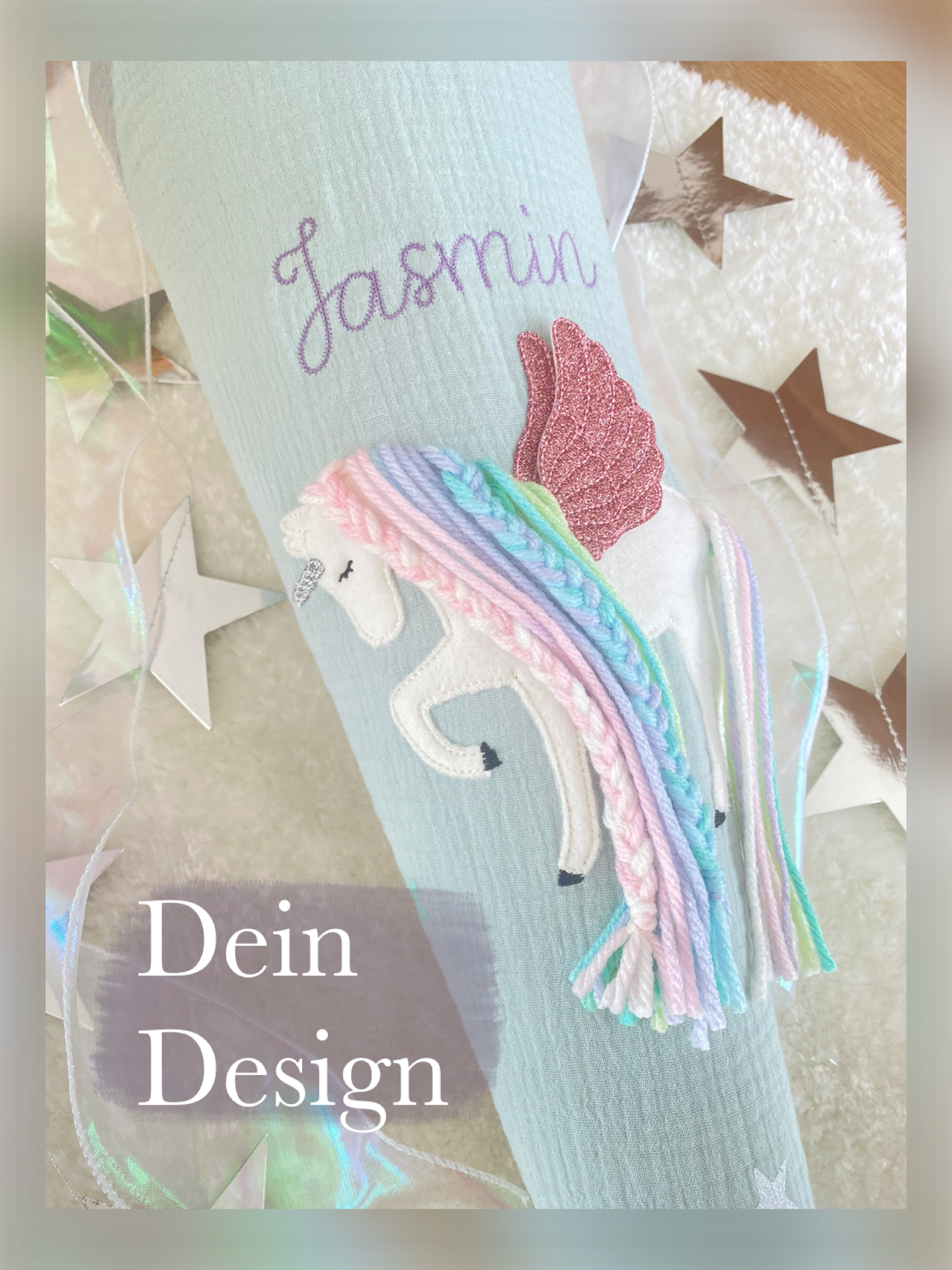 Dein Design | Musselin Schultüte 70 cm | Einhorn mit Flügeln | Pegasus | Regenbogenmähne | Kissen Inlett