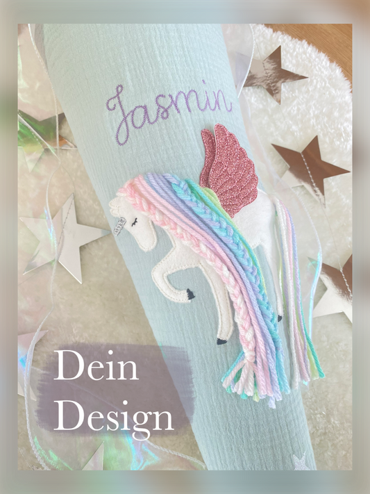 Dein Design | Musselin Schultüte 70 cm | Einhorn mit Flügeln | Pegasus | Regenbogenmähne | Kissen Inlett