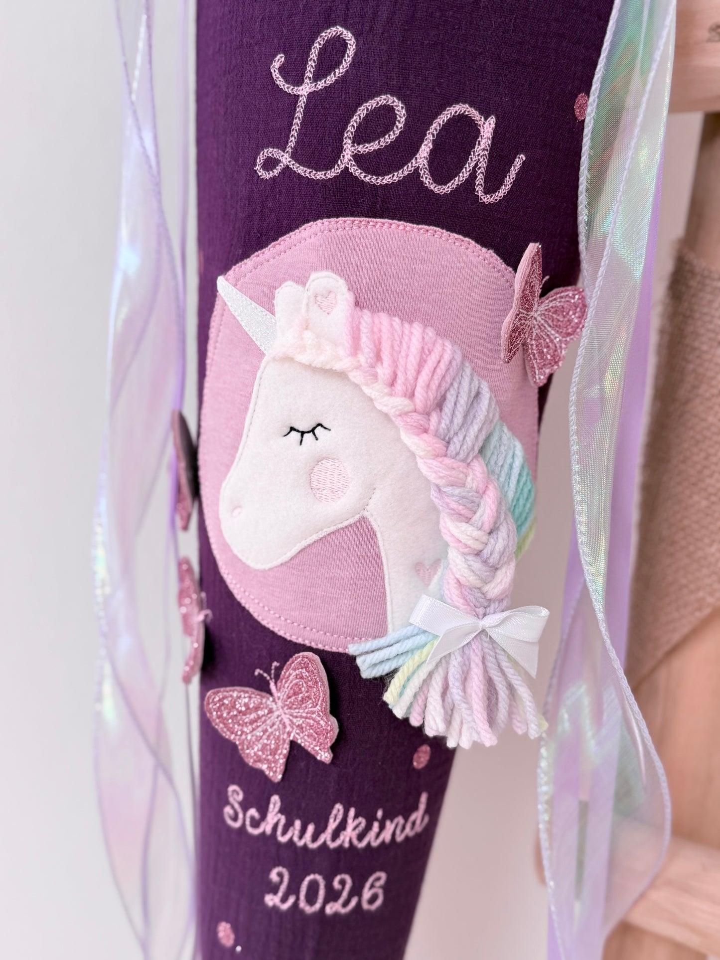 Musselin Schultüte für Mädchen 70cm, Einhorn mit Schmetterlingen – personalisiert inkl. Rohling optional mit Inlett Kissen | Schultüte aus Stoff