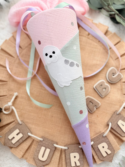 Geschwistertüte Einschulung | Kitatüte | Weiterführende Schule | 35 cm | Robbe