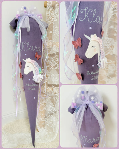 Musselin Schultüte für Mädchen 70cm, Einhorn mit Schmetterlingen – personalisiert inkl. Rohling optional mit Inlett Kissen | Schultüte aus Stoff