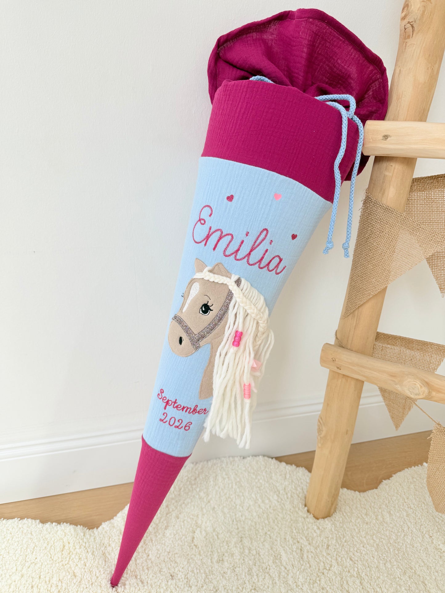 Musselin Schultüte für Mädchen mit Pferd | Haflinger – personalisiert inkl. Rohling optional mit Inlett Kissen | Schultüte aus Stoff