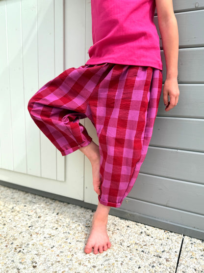 Karierte Hose, Loose Fit Hose Kinderhose, Weite Passform, Karohose Karo Rot/Pink