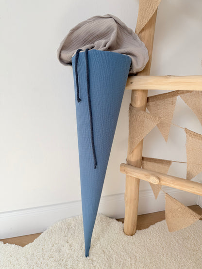 Basic Musselin Schultüte, Unifarben zweifarbig - viele Farben, personalisierbar, optimal mit Inlett-Kissen