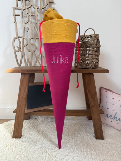 ✨ BESTSELLER ✨ Basic Musselin Schultüte 70 cm – personalisierbar, individuelle Farbauswahl, goldene Punkte, für Jungen und Mädchen