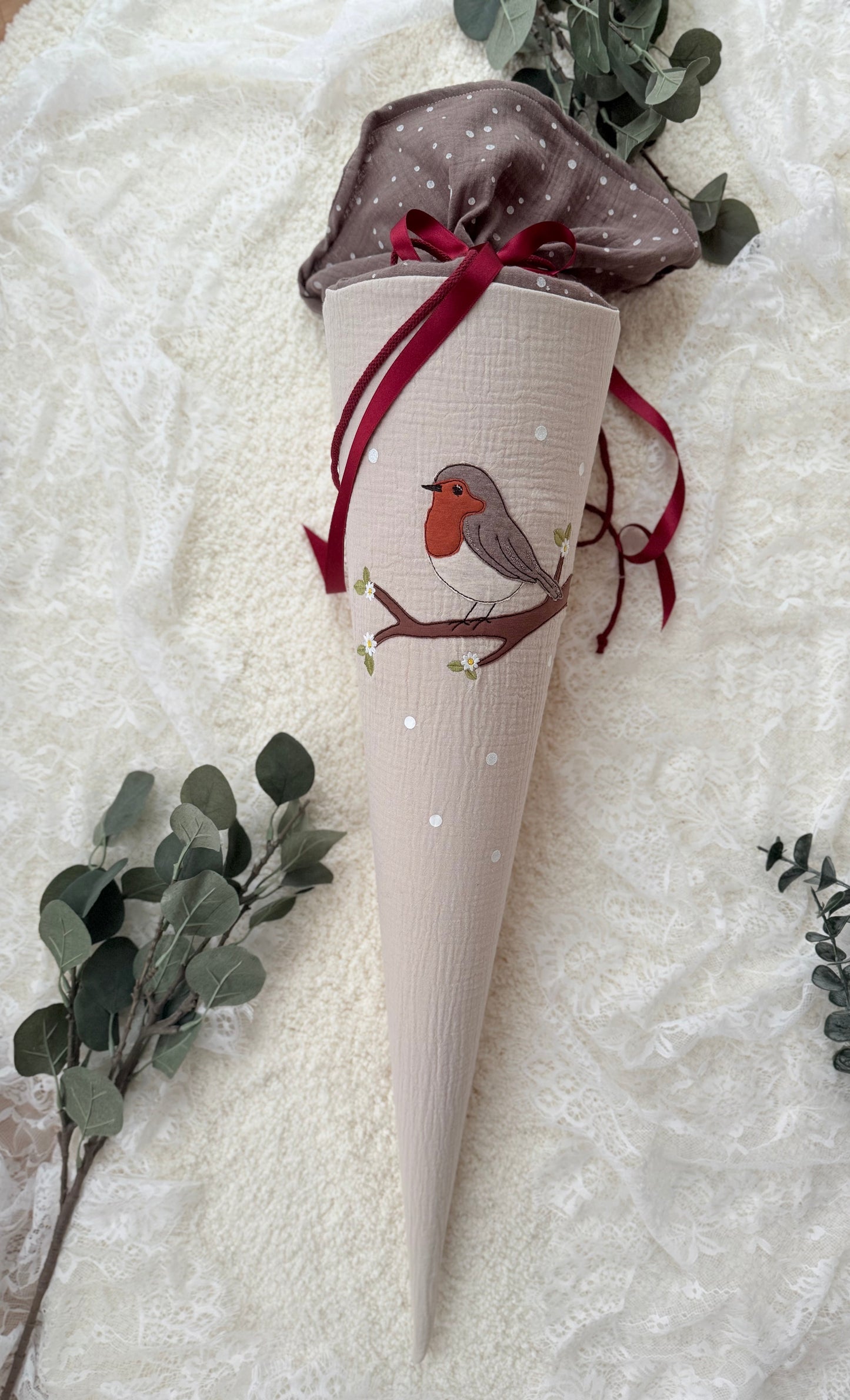 Musselin Schultüte Vogel Motiv Rotkehlchen für Mädchen , personalisierte Schultüte aus Stoff inkl. Kisseninlett