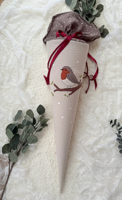 Musselin Schultüte Vogel Motiv Rotkehlchen für Mädchen , personalisierte Schultüte aus Stoff inkl. Kisseninlett