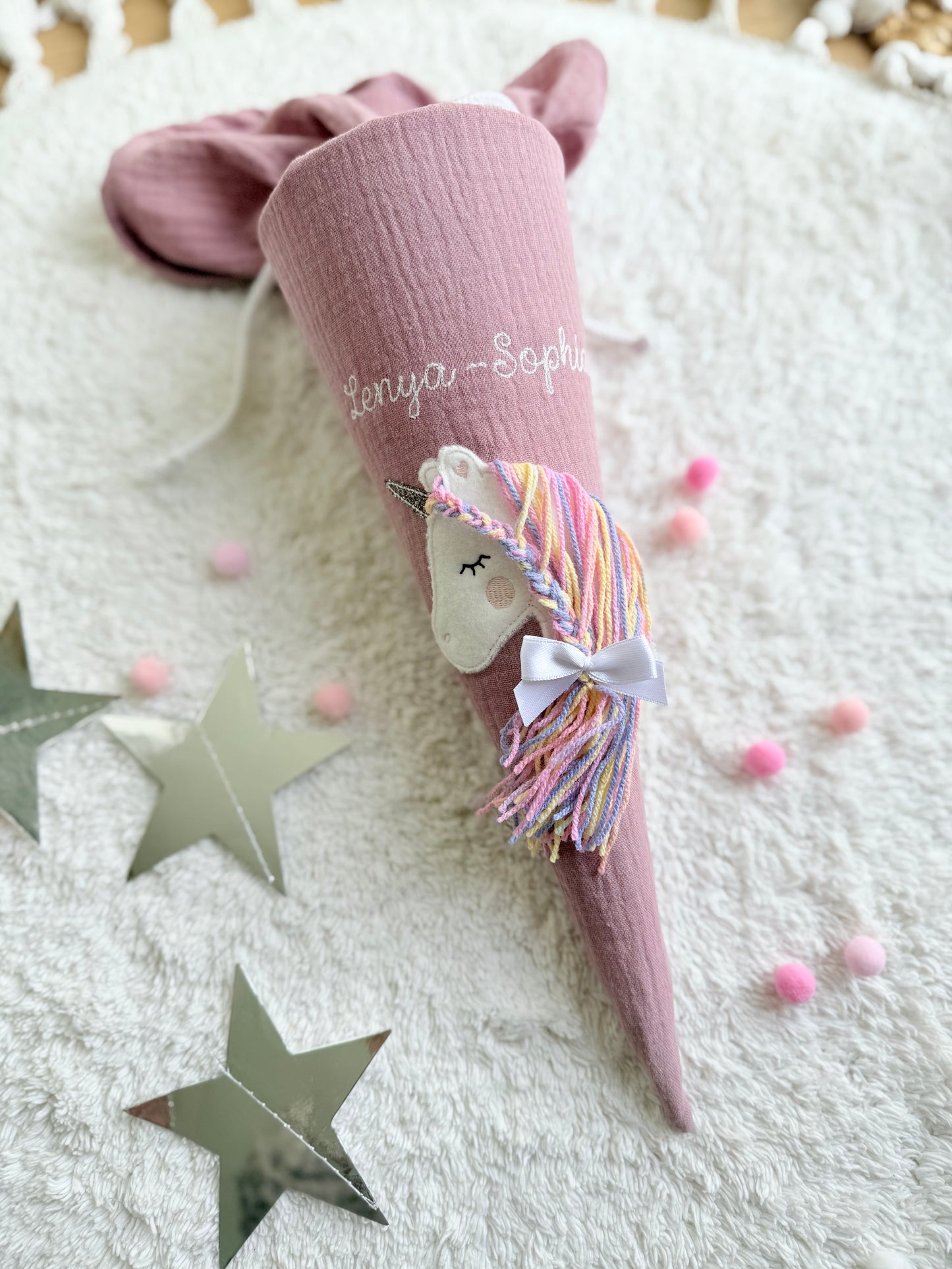 Dein Design | Musselin Kitatüte Geschwistertüte 35 cm | Einhorn Regenbogenmähne | Kissen Inlett