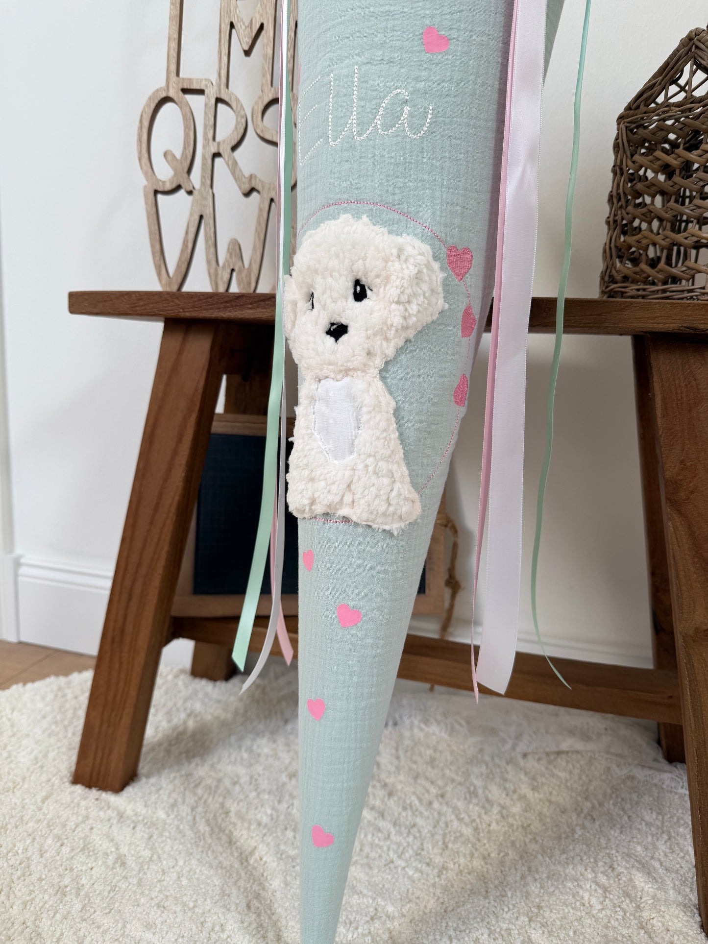 Musselin Schultüte 70 cm Mint, Rosa Herzen, Hund, Welpe zur Einschulung für Mädchen, optional mit Pompon-Tüllschleife und Kisseninlett