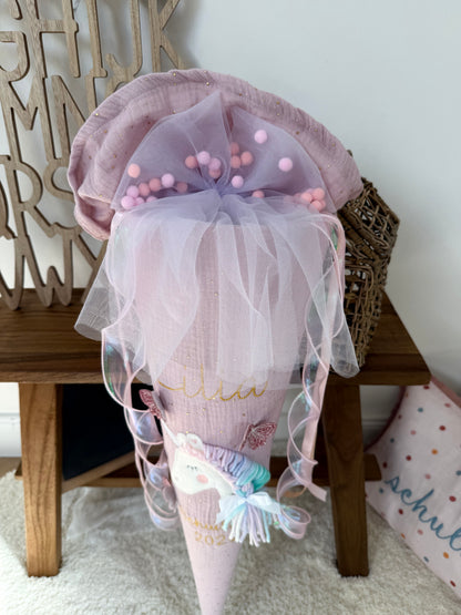 Musselin Schultüte Altrosa goldene Punkte für Mädchen 70cm, Einhorn mit Schmetterlingen – personalisiert inkl. Rohling optional mit Inlett Kissen | Schultüte aus Stoff