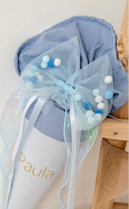 Blau Tüllschleife - Pompon Schleife für Schultüte (70 cm), Kita- & Geschwistertüten (35 cm)