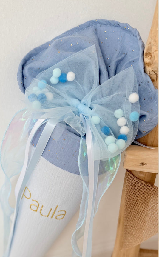 Blau Tüllschleife - Pompon Schleife für Schultüte (70 cm), Kita- & Geschwistertüten (35 cm)