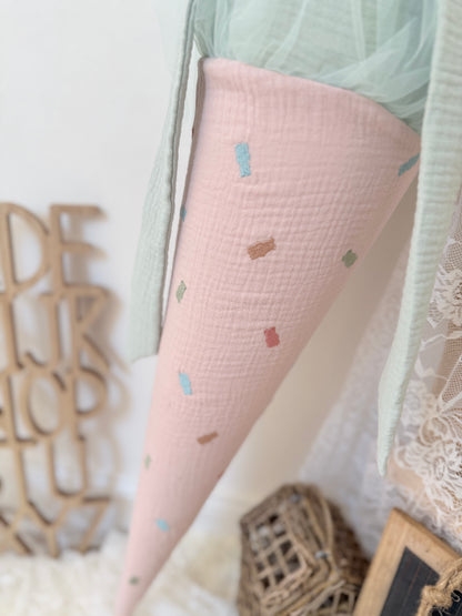 Musselin Schultüte Zucker-Bären mit Rüsche für Mädchen 70cm, inklusive Rohling, optional mit Inlett Kissen | Schultüte aus Stoff