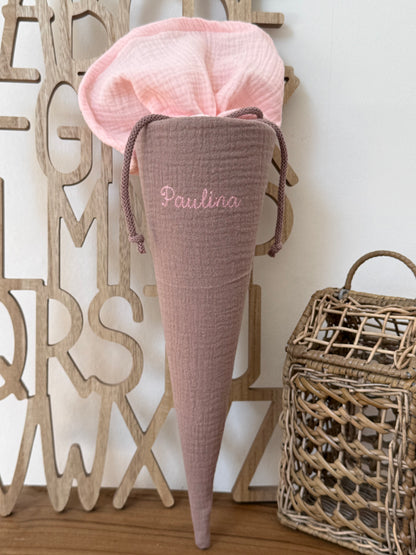 Kleine Musselin Stoffschultüte 35 cm – Kita- & Geschwistertüte, individuelle Farbwahl, personalisierbar, goldene Punkte für Jungen und Mädchen (Kopie)