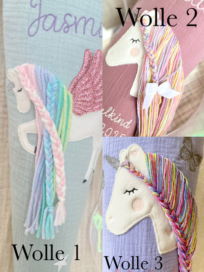 Dein Design Musselin Schultüte 70 cm | Einhorn Regenbogenmähne | Kissen Inlett