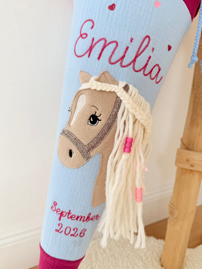 Musselin Schultüte für Mädchen mit Pferd | Haflinger – personalisiert inkl. Rohling optional mit Inlett Kissen | Schultüte aus Stoff