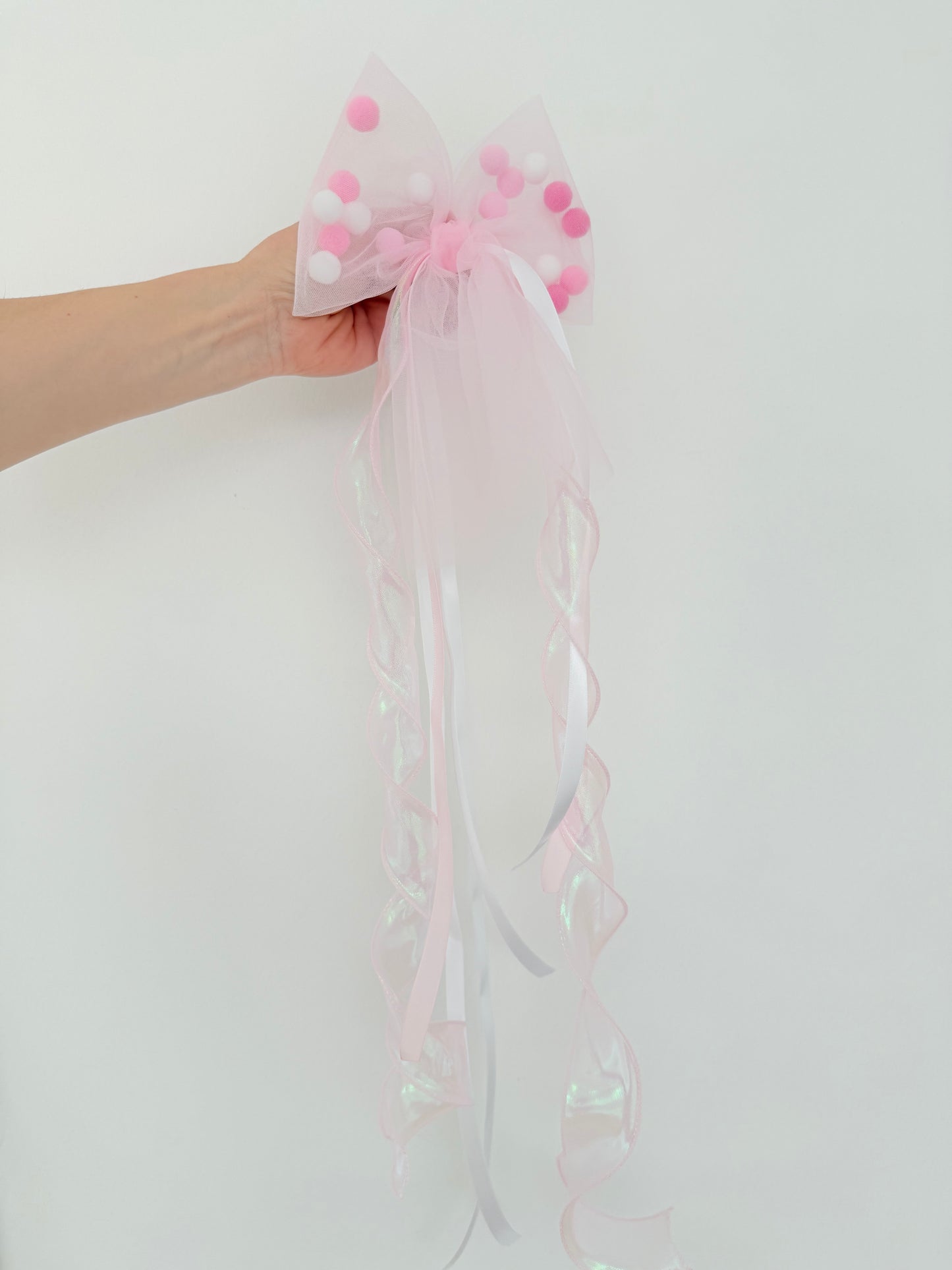 Pompon-Tüllschleife, Rosa mit Holoband, Schleife passend für Schultüten ab 70 cm, Kita- & Geschwistertüten ab 35 cm