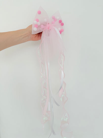 Pompon-Tüllschleife, Rosa mit Holoband, Schleife passend für Schultüten ab 70 cm, Kita- & Geschwistertüten ab 35 cm