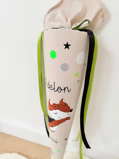 Musselin Schultüte 70 cm | Superhelden schlauer Fuchs | Kissen Inlett