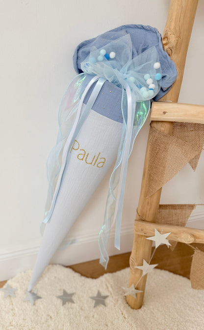 Blau Tüllschleife - Pompon Schleife für Schultüte (70 cm), Kita- & Geschwistertüten (35 cm)