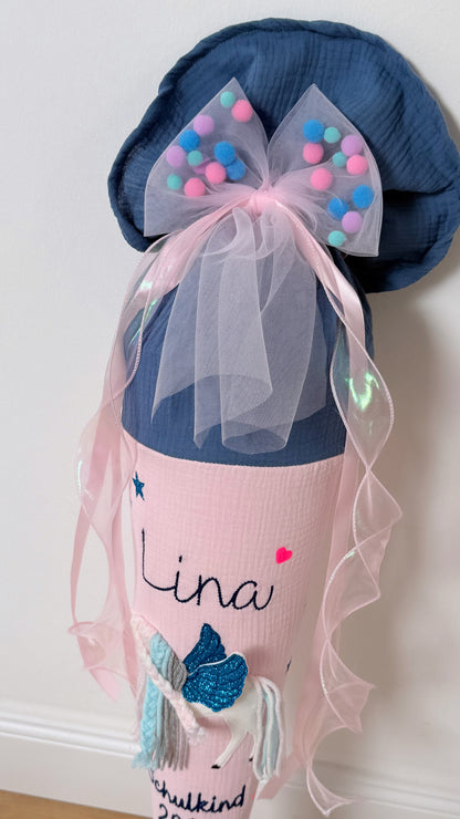 Babyrosa Tüllschleife - Pompon Schleife für Schultüte (70 cm), Kita- & Geschwistertüten (35 cm)