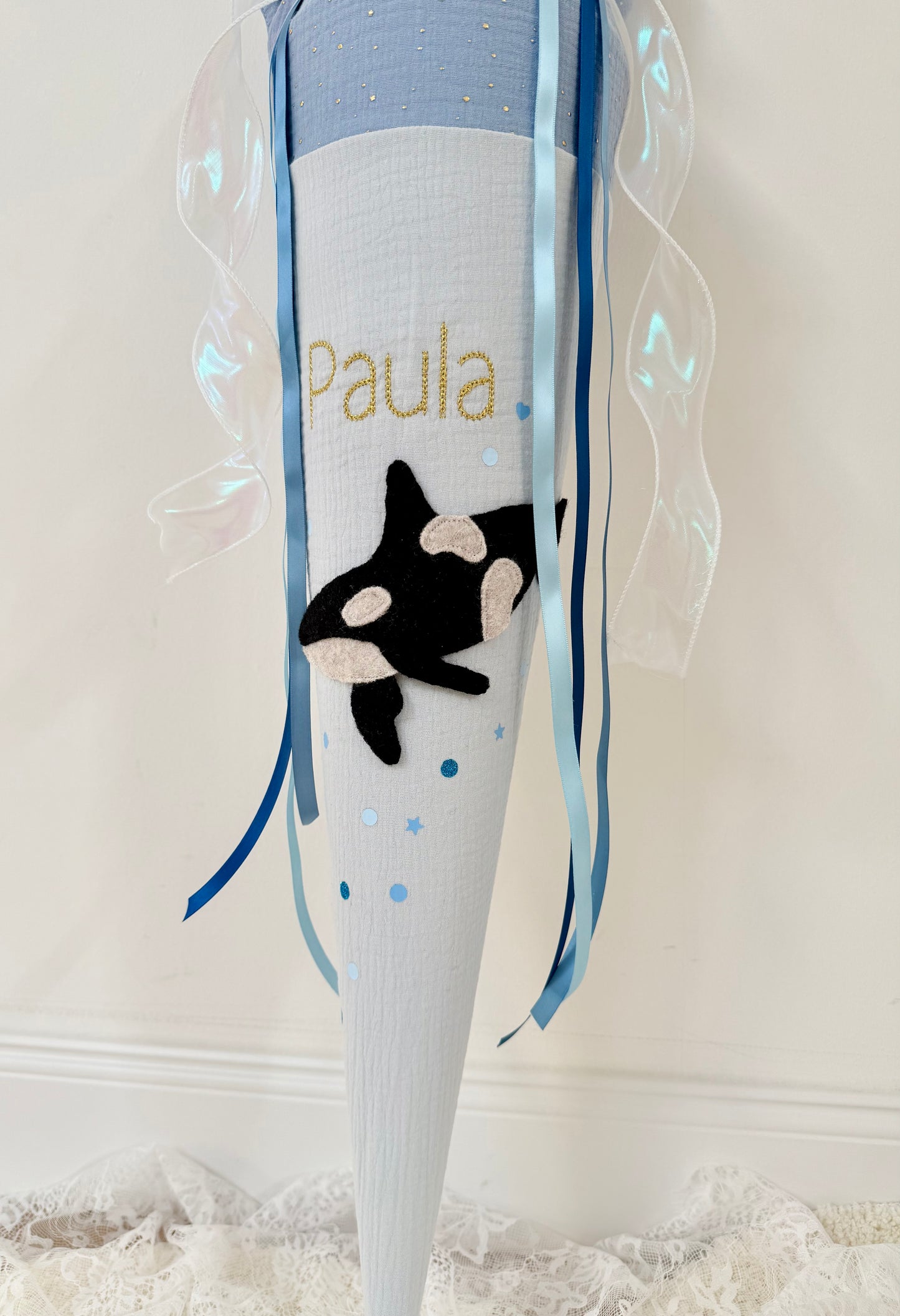 Musselin Schultüte 70 cm, – personalisiert inkl. Rohling optional mit Inlett Kissen | Schultüte aus Stoff