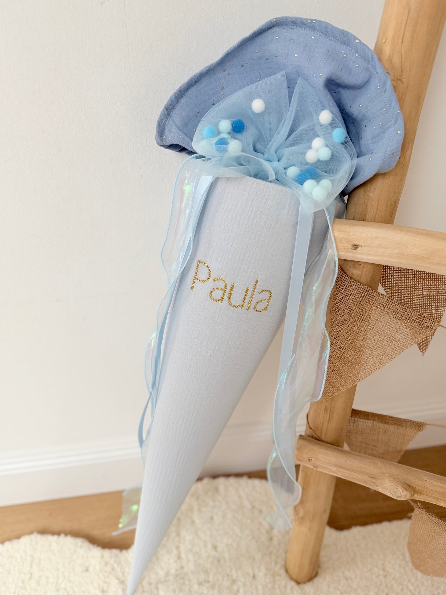 Basic Musselin Schultüte 70 cm zweifarbig, goldenen Punkten | Für Mädchen & Jungen | Einschulung & Geschwister-Kitatüte 35 cm