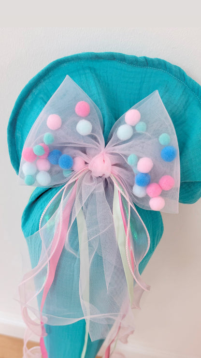 Rosa/Mint Tüllschleife - Pompon Schleife für Schultüte (70 cm), Kita- & Geschwistertüten (35 cm)