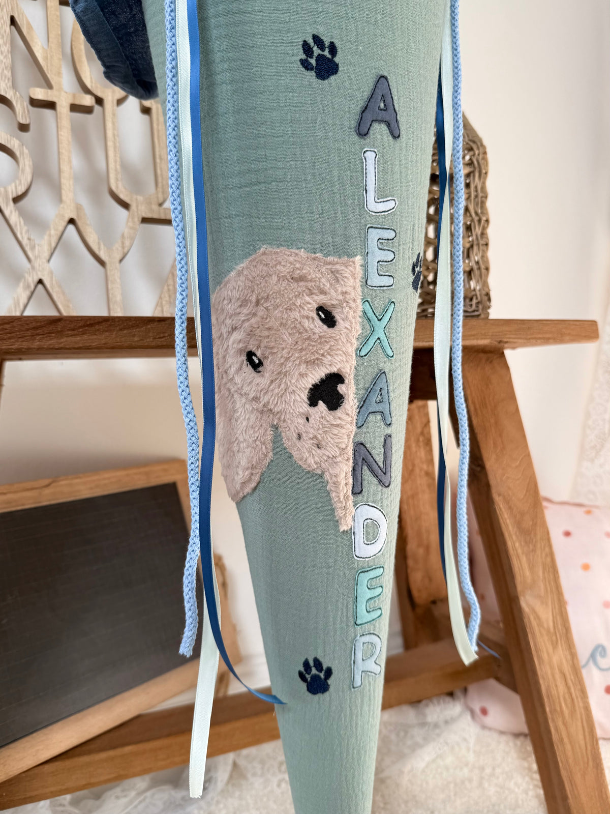 Dein Design Musselin Schultüte 70 cm, Hund – personalisiert inkl. Rohling, optional mit Kissen