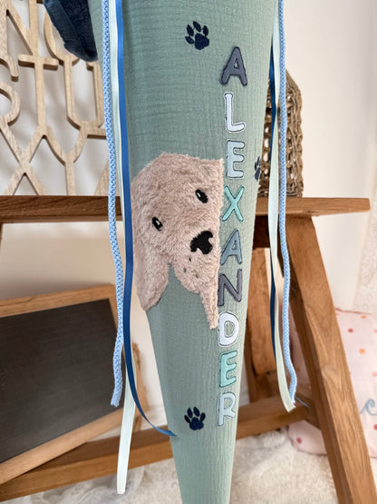 Dein Design Musselin Schultüte 70 cm, Hund – personalisiert inkl. Rohling, optional mit Kissen