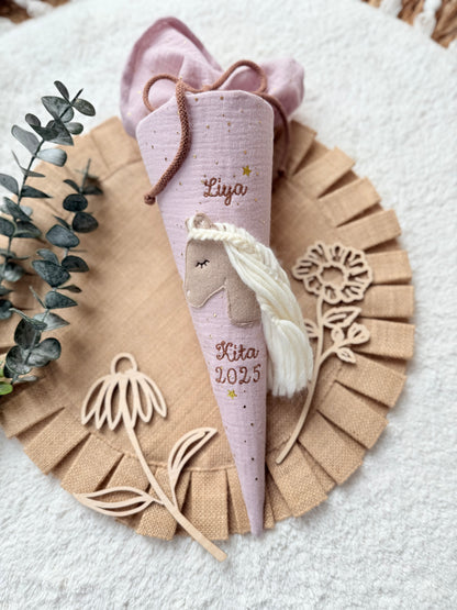 Geschwistertüte 35 cm | Kitatüte | Haflinger | Pony | Fohlen | Musselin mit goldenen Punkten | Kissen Inlett