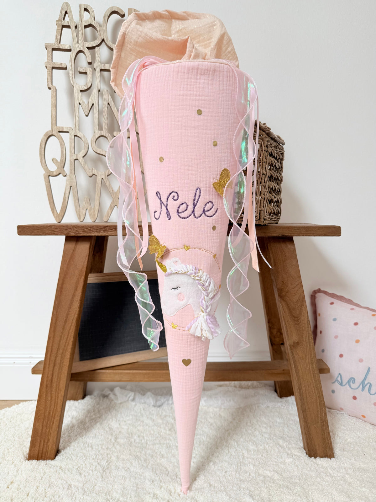 Musselin Schultüte 70cm,Babyrosa, Glitzer, Einhorn mit Schmetterlingen – optional mit Kissen