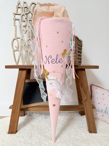 Musselin Schultüte 70cm,Babyrosa, Glitzer, Einhorn mit Schmetterlingen – optional mit Kissen