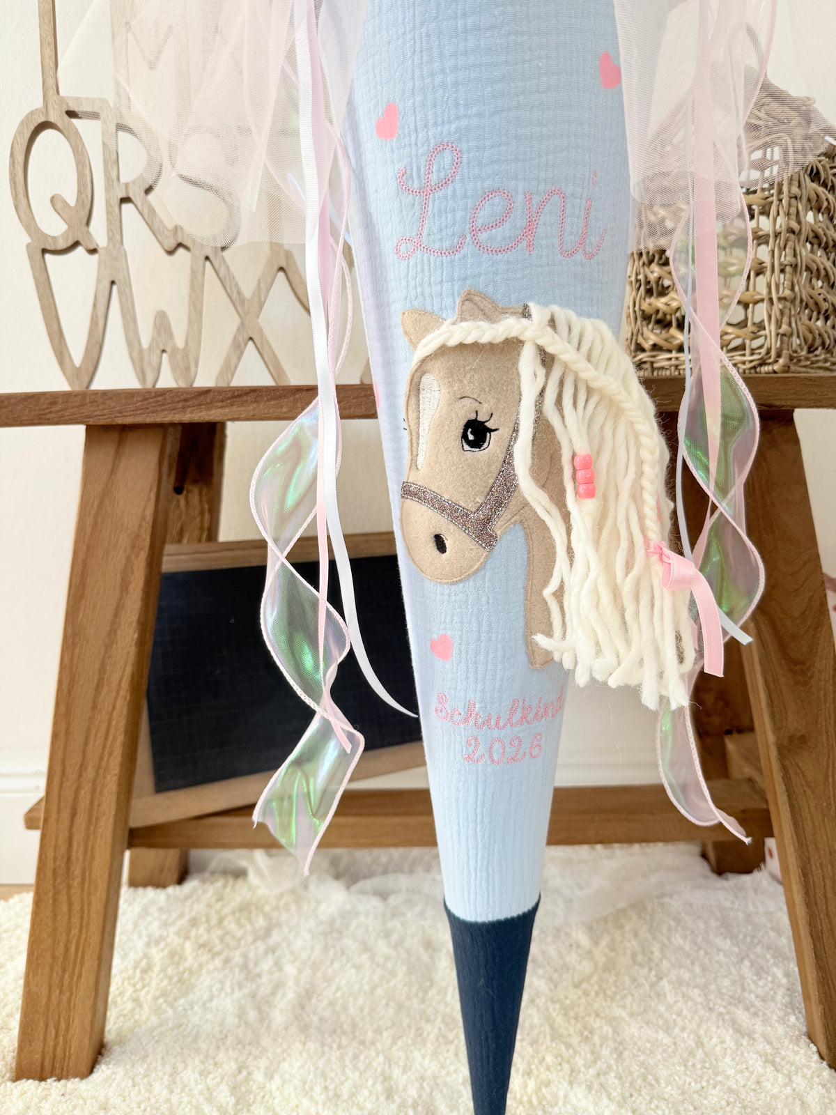 Musselin Schultüte 70 cm  Haflinger, Pferd, personalisiert inkl. Rohling- optional mit Pompon-Tüllschleife & Kissen