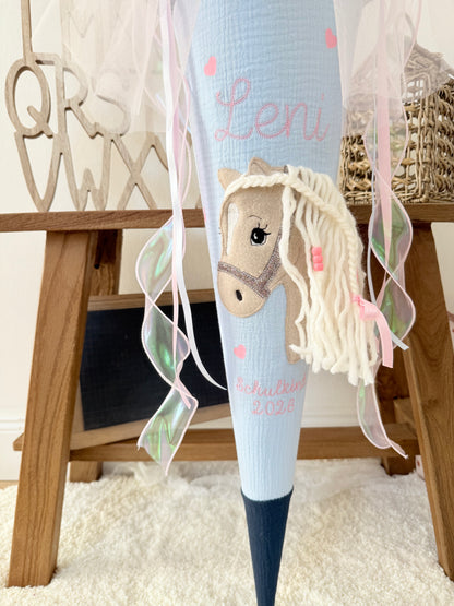 Musselin Schultüte 70 cm  Haflinger, Pferd, personalisiert inkl. Rohling- optional mit Pompon-Tüllschleife & Kissen