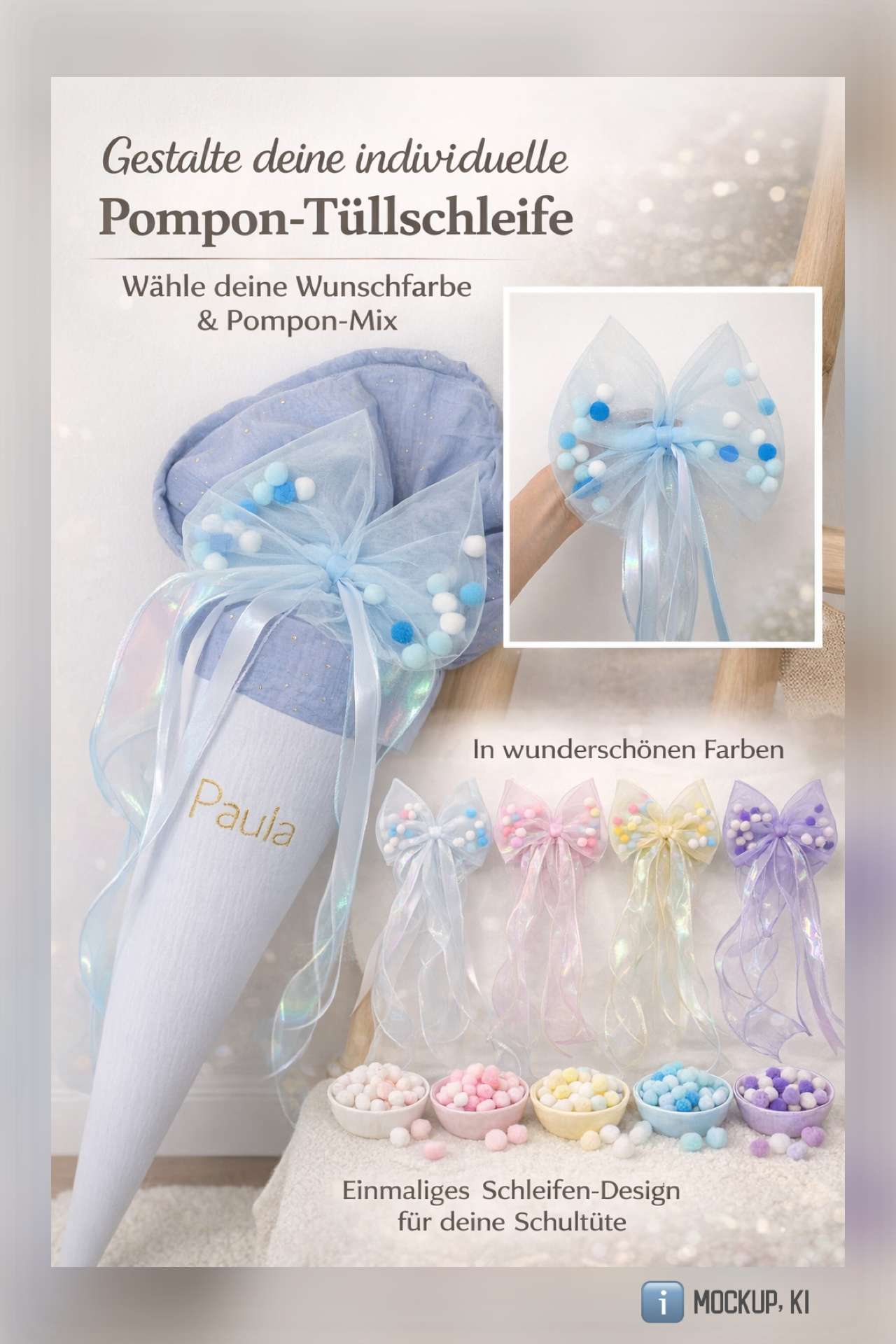 Dein Design Tüllschleife - Pompon Schleife für Schultüte (70 cm), Kita- & Geschwistertüten (35 cm)