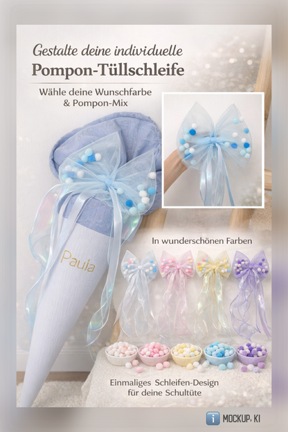 Dein Design Tüllschleife - Pompon Schleife für Schultüte (70 cm), Kita- & Geschwistertüten (35 cm)