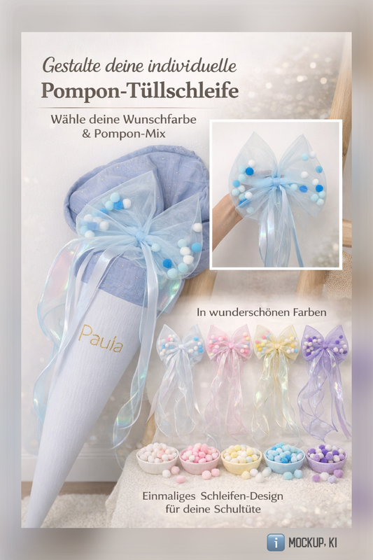 Dein Design Tüllschleife - Pompon Schleife für Schultüte (70 cm), Kita- & Geschwistertüten (35 cm)