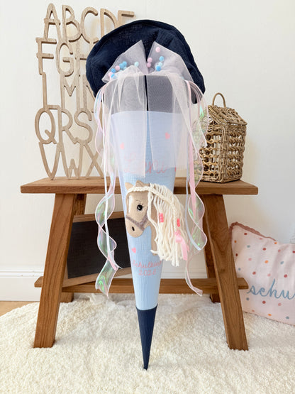Musselin Schultüte 70 cm  Haflinger, Pferd, personalisiert inkl. Rohling- optional mit Pompon-Tüllschleife & Kissen