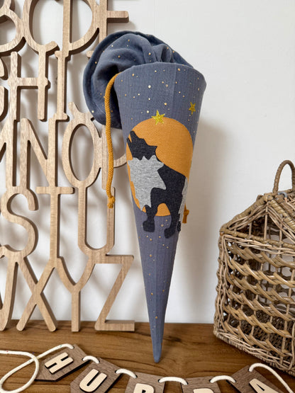 Musselin Geschwistertüte Wolf 35 cm, Sternenhimmel handgemacht – Kita Geschenk Idee, kleine Schultüte - optional mit Kissen-Inlett