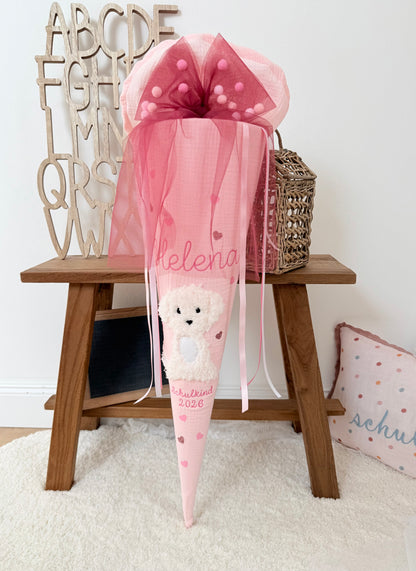 Musselin Schultüte 70 cm Babyrosa weißer Hund, Welpe zur Einschulung für Mädchen, optional mit Pompon-Tüllschleife und Kissen