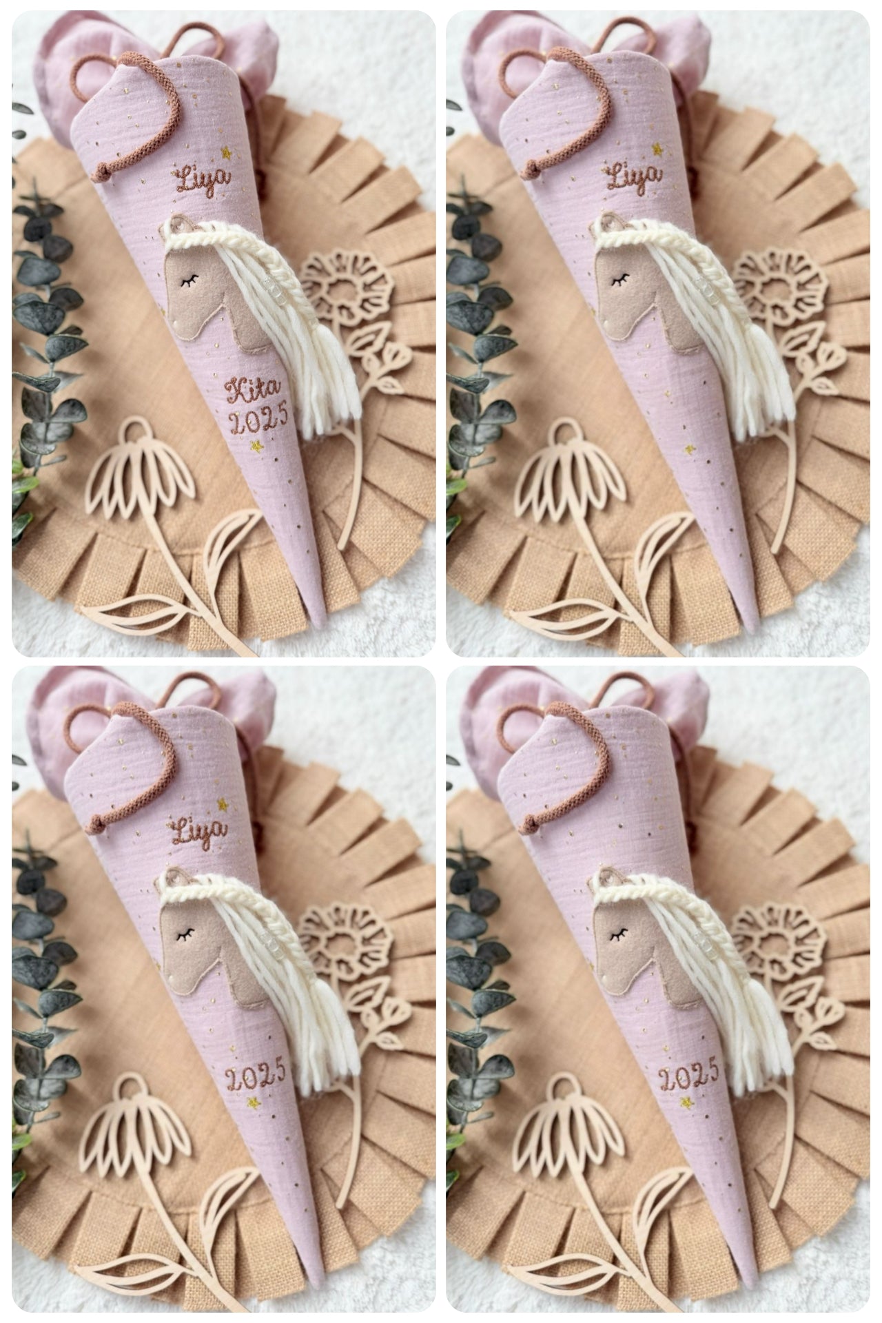 Geschwistertüte 35 cm | Kitatüte | Haflinger | Pony | Fohlen | Musselin mit goldenen Punkten | Kissen Inlett