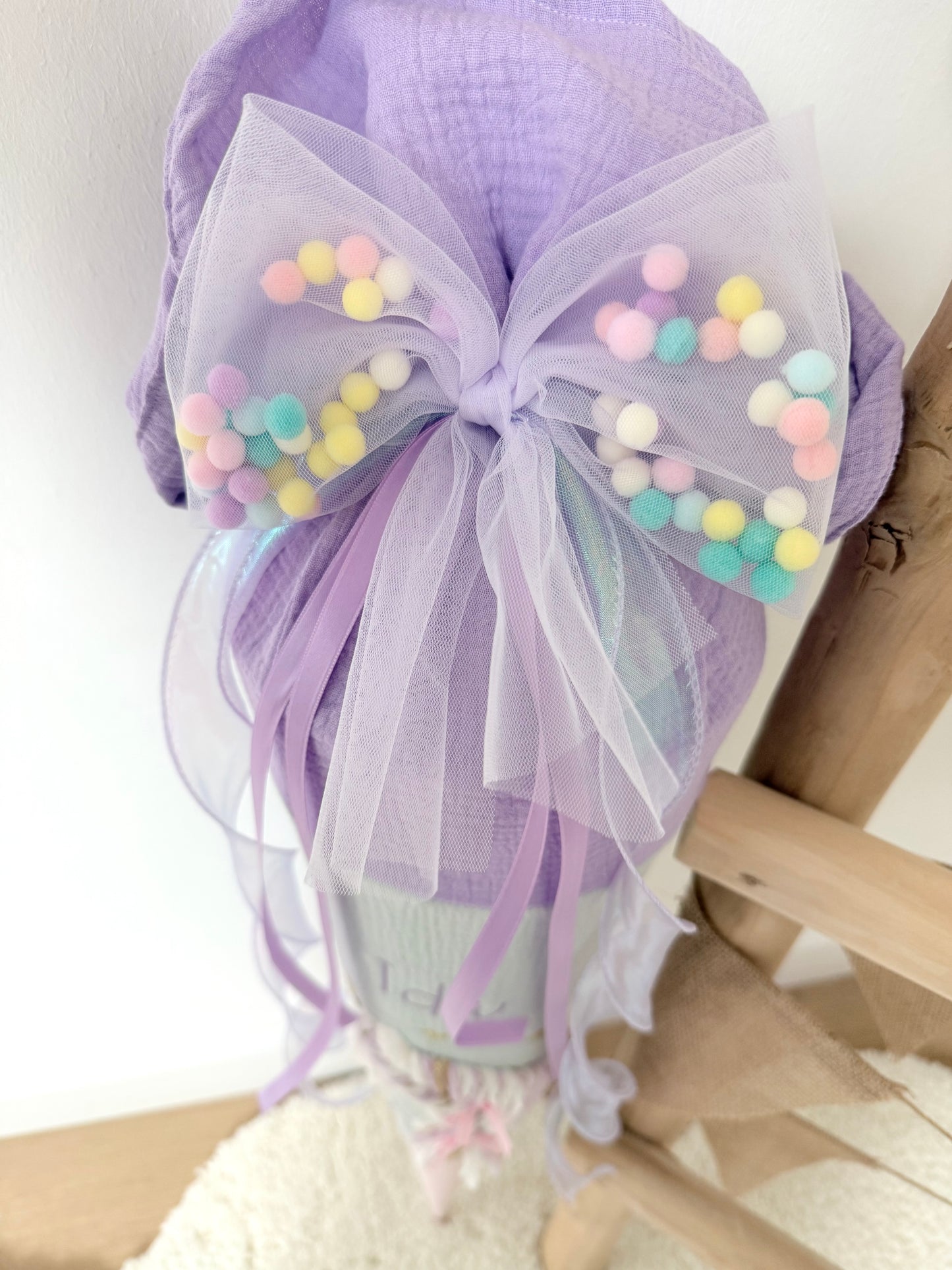 Musselin Schultüte 70 cm Wuschelkopf Einhorn  – personalisiert inkl. Rohling & Pompon Tüllschleife, optional mit Kissen-Inlett