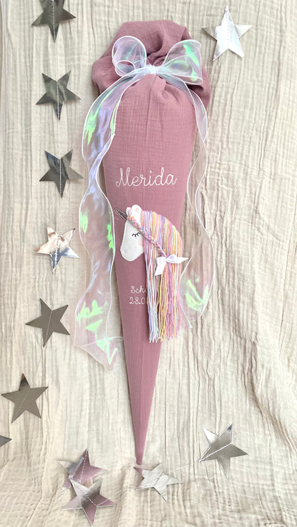Musselin Schultüte 70 cm | Einhorn Regenbogenmähne | Hologramm Schleifenband | Kissen Inlett