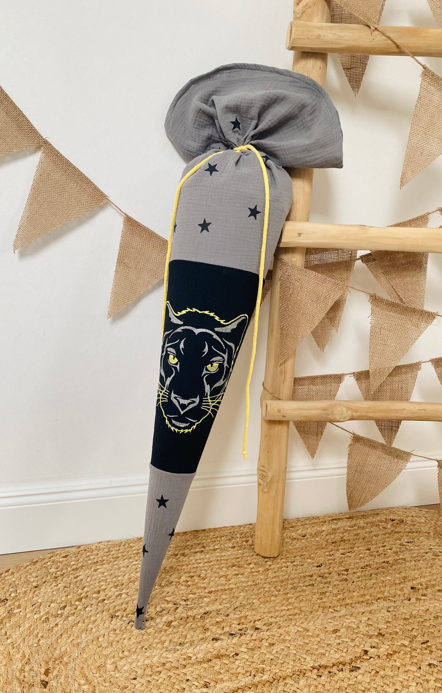 Musselin Schultüte Panther 70 cm | Geschwistertüte 35 cm | Kissen Inlett