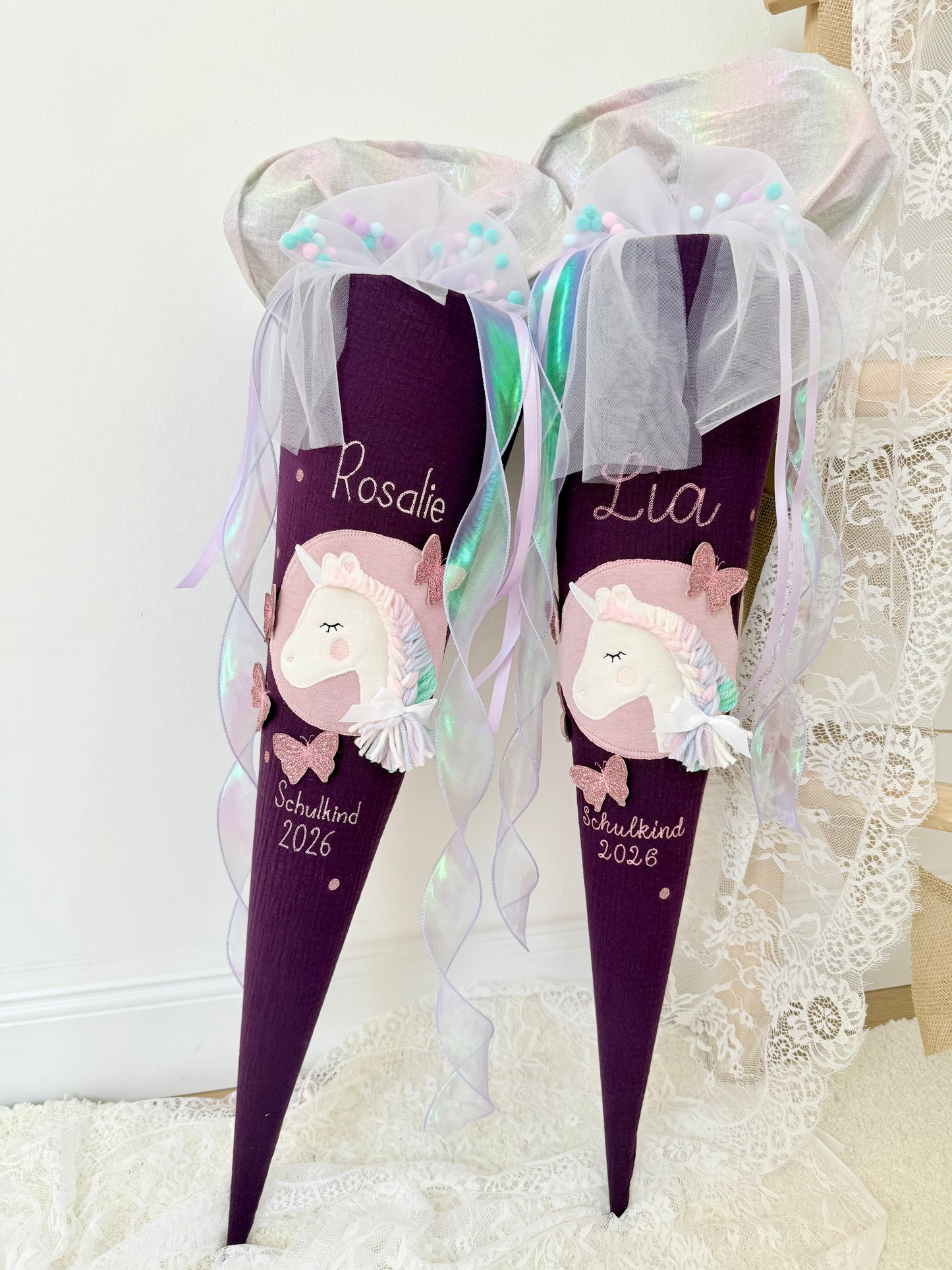 Musselin Schultüte für Mädchen 70cm, Einhorn mit Schmetterlingen – personalisiert inkl. Rohling optional mit Inlett Kissen | Schultüte aus Stoff