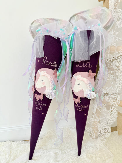 Musselin Schultüte für Mädchen 70cm, Einhorn mit Schmetterlingen – personalisiert inkl. Rohling optional mit Inlett Kissen | Schultüte aus Stoff