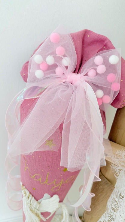Pompon-Tüllschleife, Rosa mit Holoband, Schleife passend für Schultüten ab 70 cm, Kita- & Geschwistertüten ab 35 cm