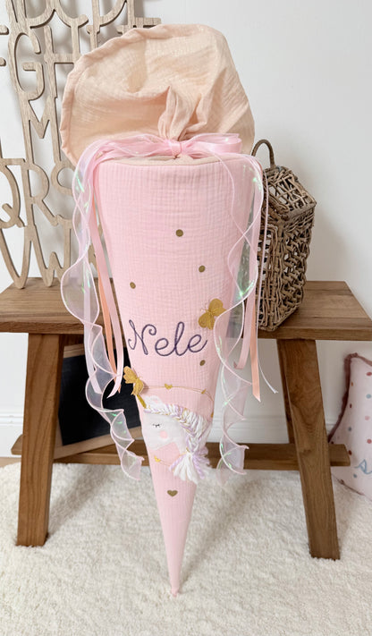 Musselin Schultüte 70cm,Babyrosa, Glitzer, Einhorn mit Schmetterlingen – optional mit Kissen